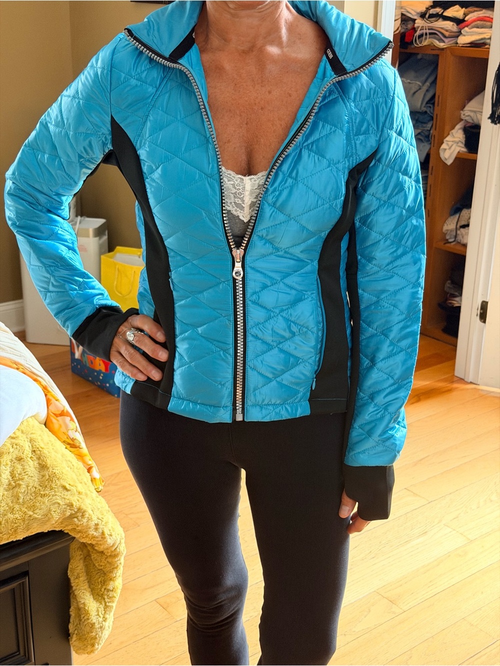 Guess Quilted Puffer Jacket in Turquoise with Black Panels